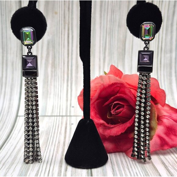 DKNY Gun Metal Crystal Chain Tassel Dangle Earrings Purple Iridescent 3.5" Prom - Picture 2 of 7